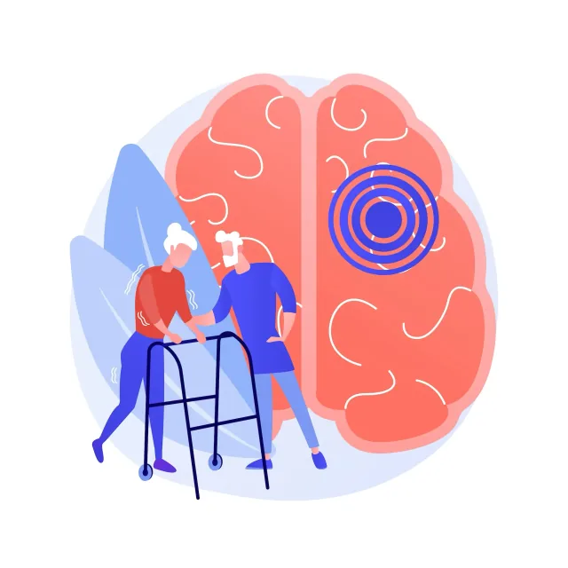 Illustration: Gehirn und ein Mensch mit Rollator