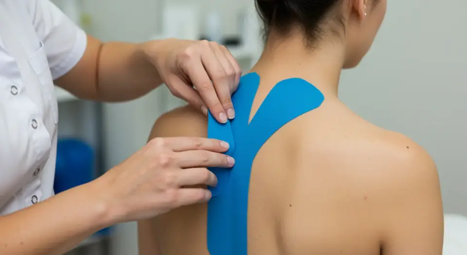 Blaues Kinesio-Tape im Nacken- und Schulterbereich