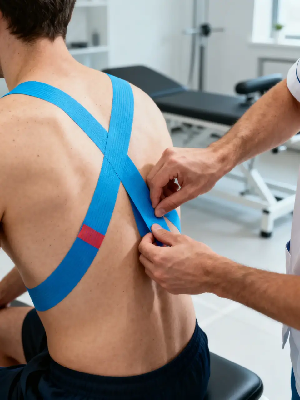 Kinesio-Tape in X-Form auf dem Rücken
