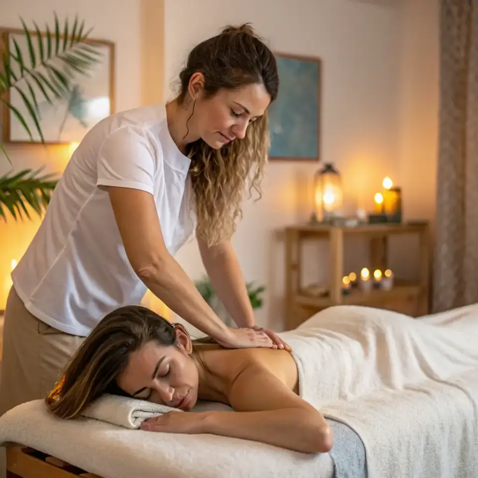 Masseurin massiert den Rücken einer entspannten Frau