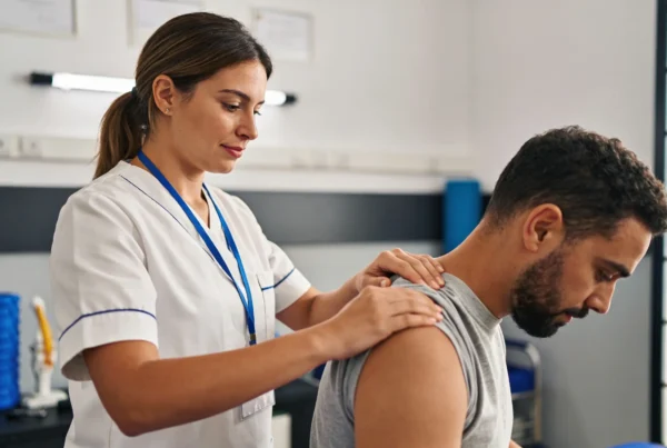 Manuelle Therapie: Physiotherapeut mobilisiert Schulter zur Schmerzlinderung