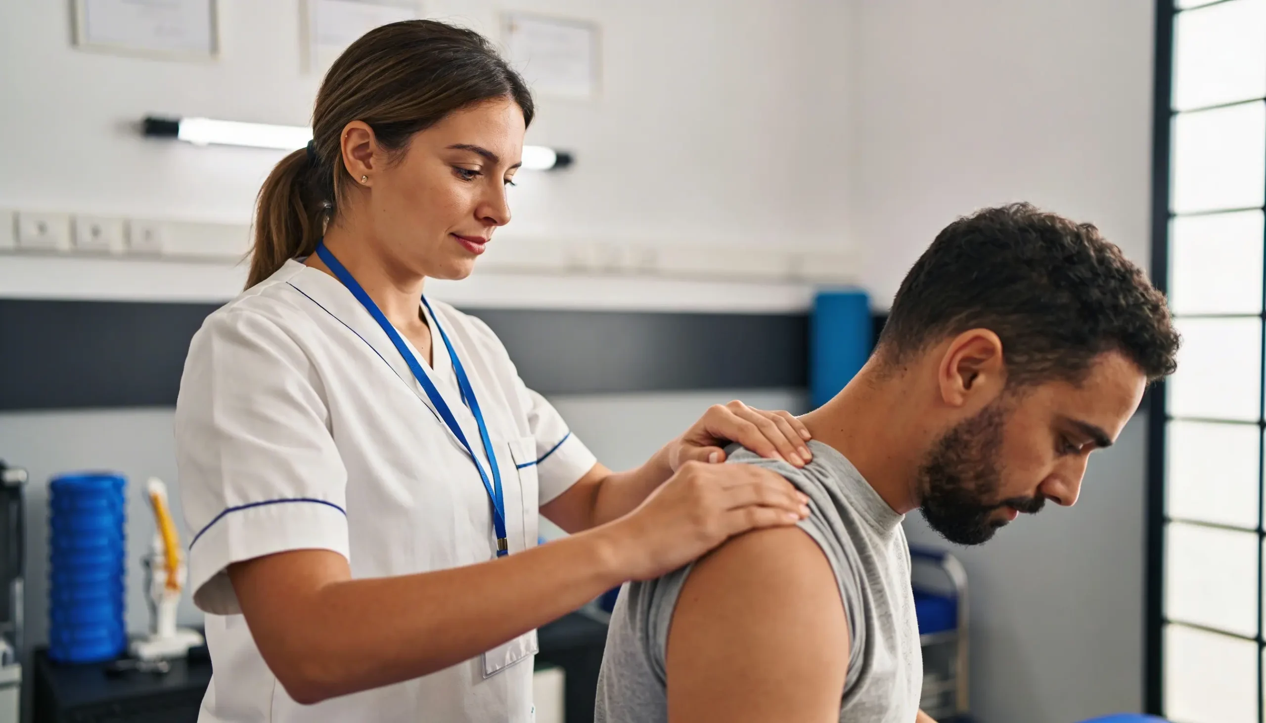 Manuelle Therapie: Physiotherapeut mobilisiert Schulter zur Schmerzlinderung