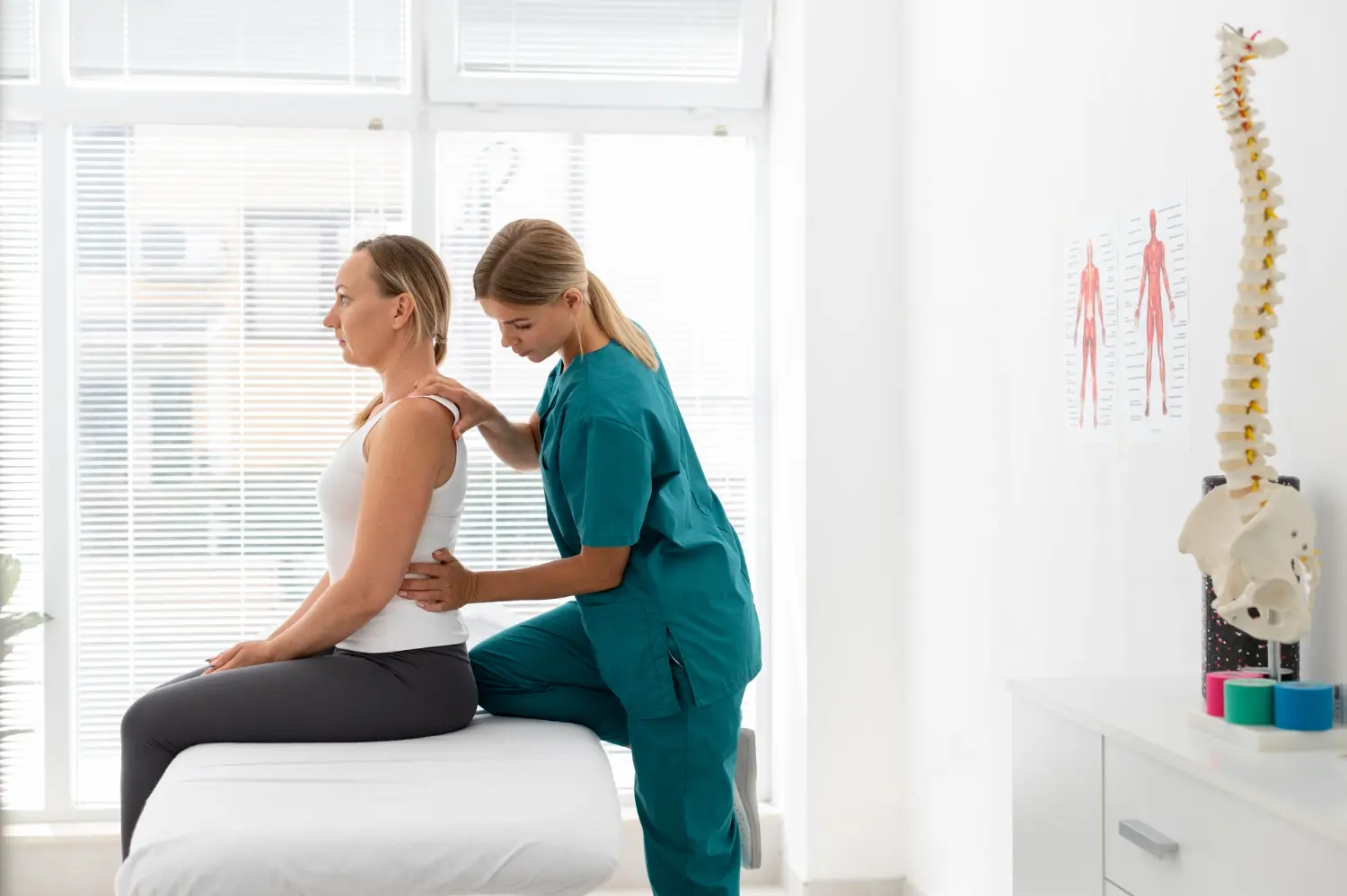 Physiotherapeutin behandelt den Rücken einer Patientin in einer Praxis